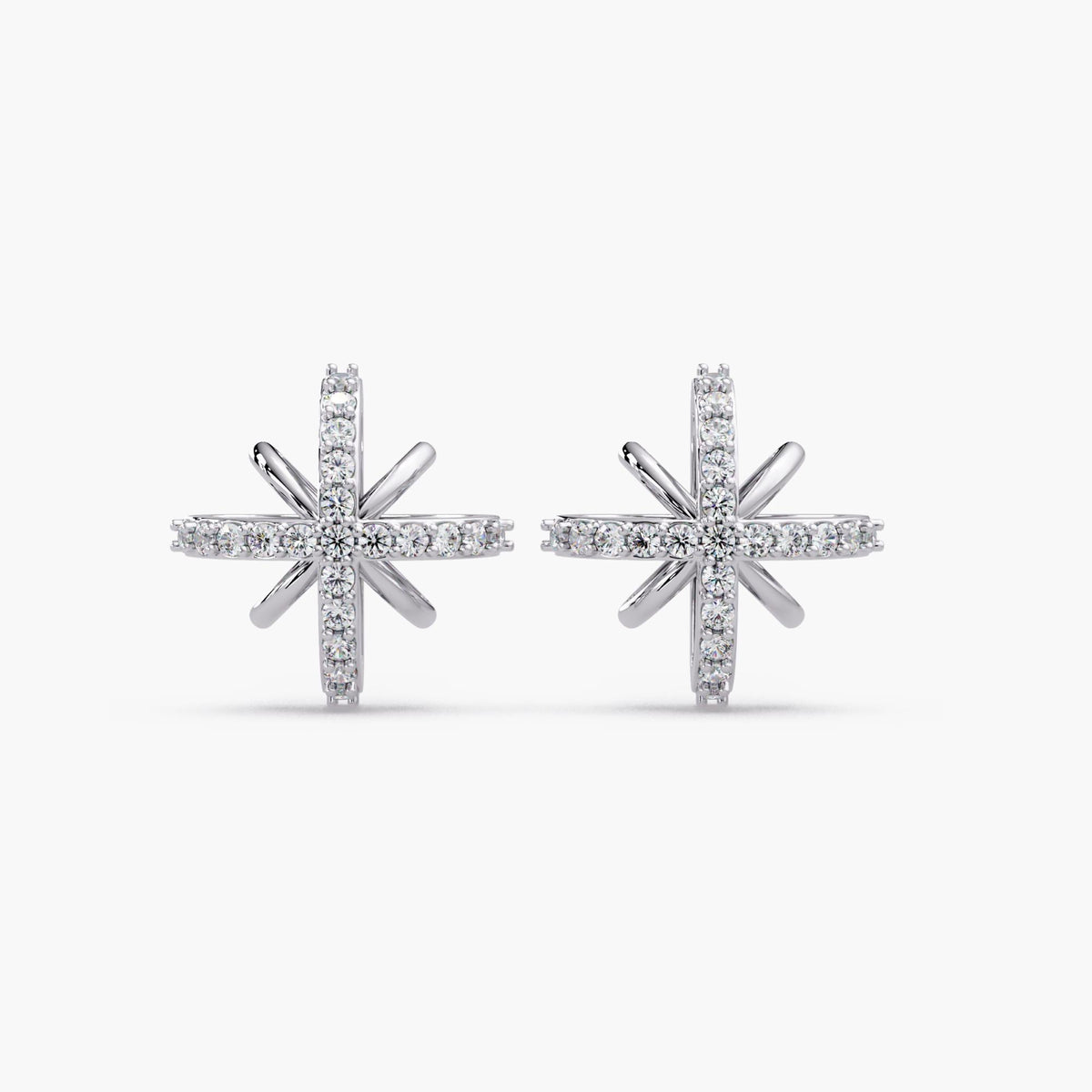 14K white gold natural diamond star stud earrings, pave set round diamonds in starburst design