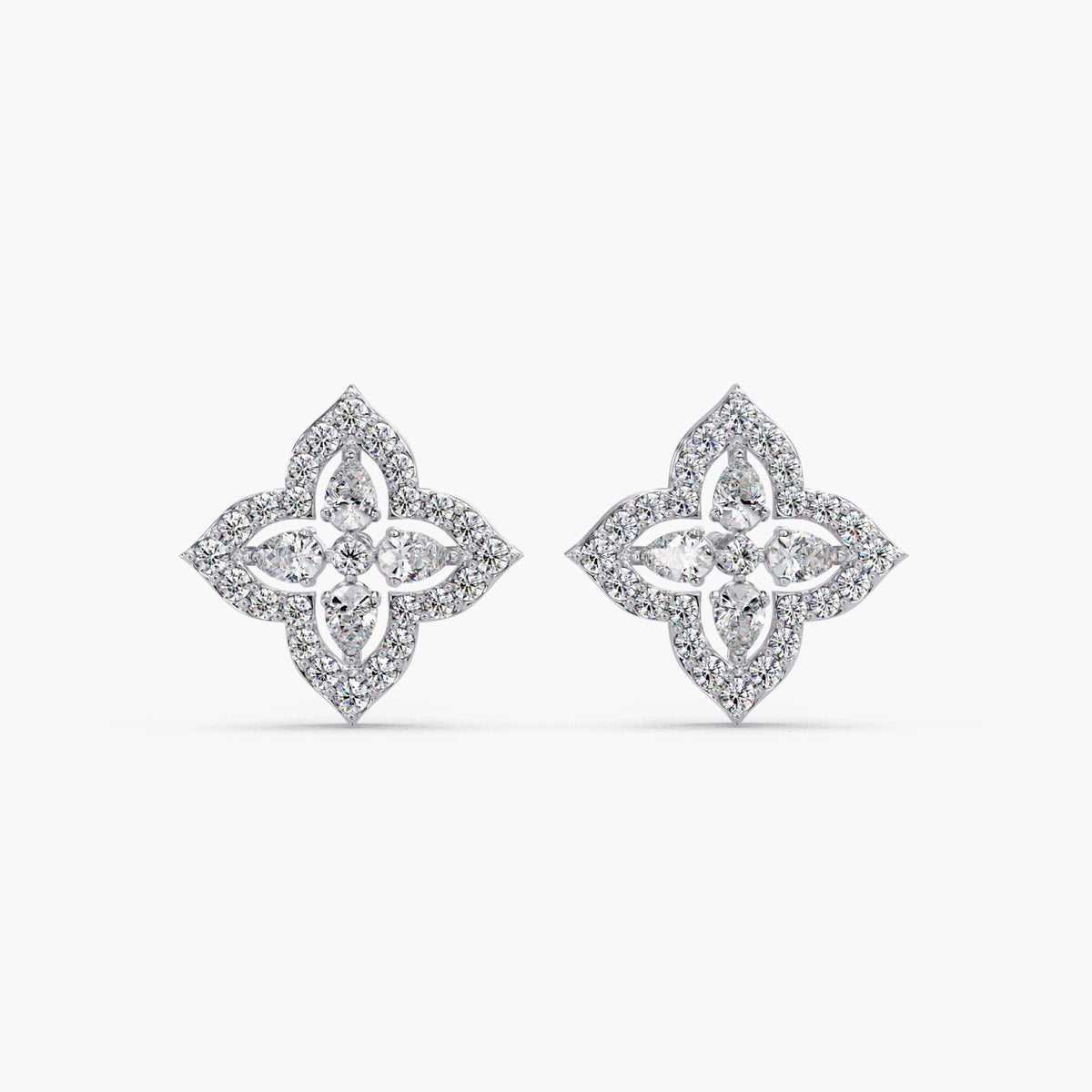 14K white gold lab diamond cluster stud earrings, floral clover design with halo setting