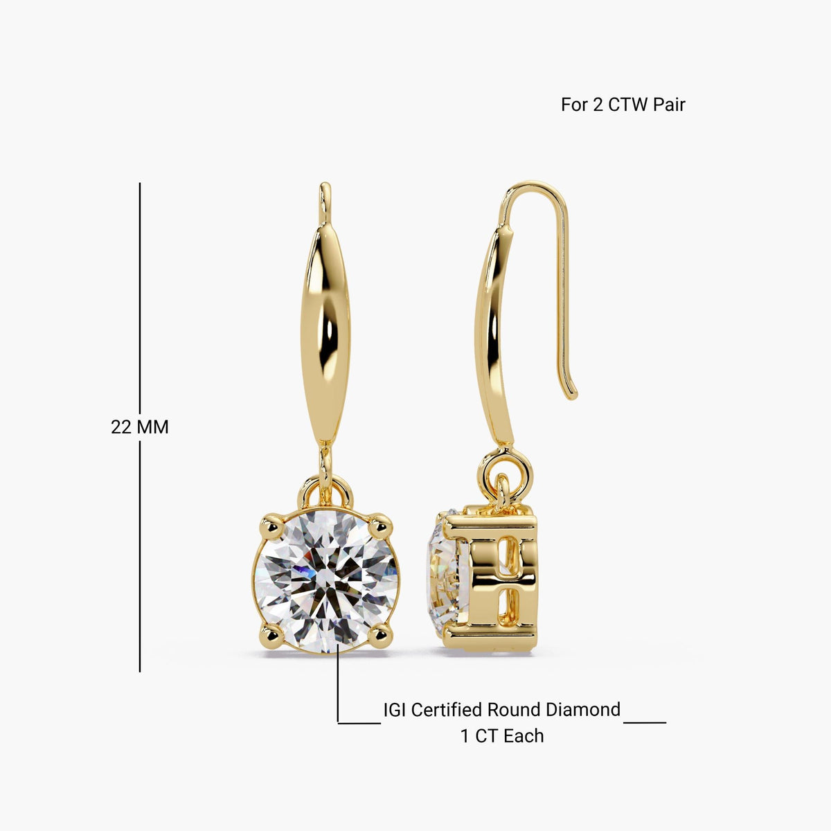 round lab diamond earrings / 14k gold drop earrings / solitaire dangle earrings / IGI certified diamond earrings / fine jewelry earrings