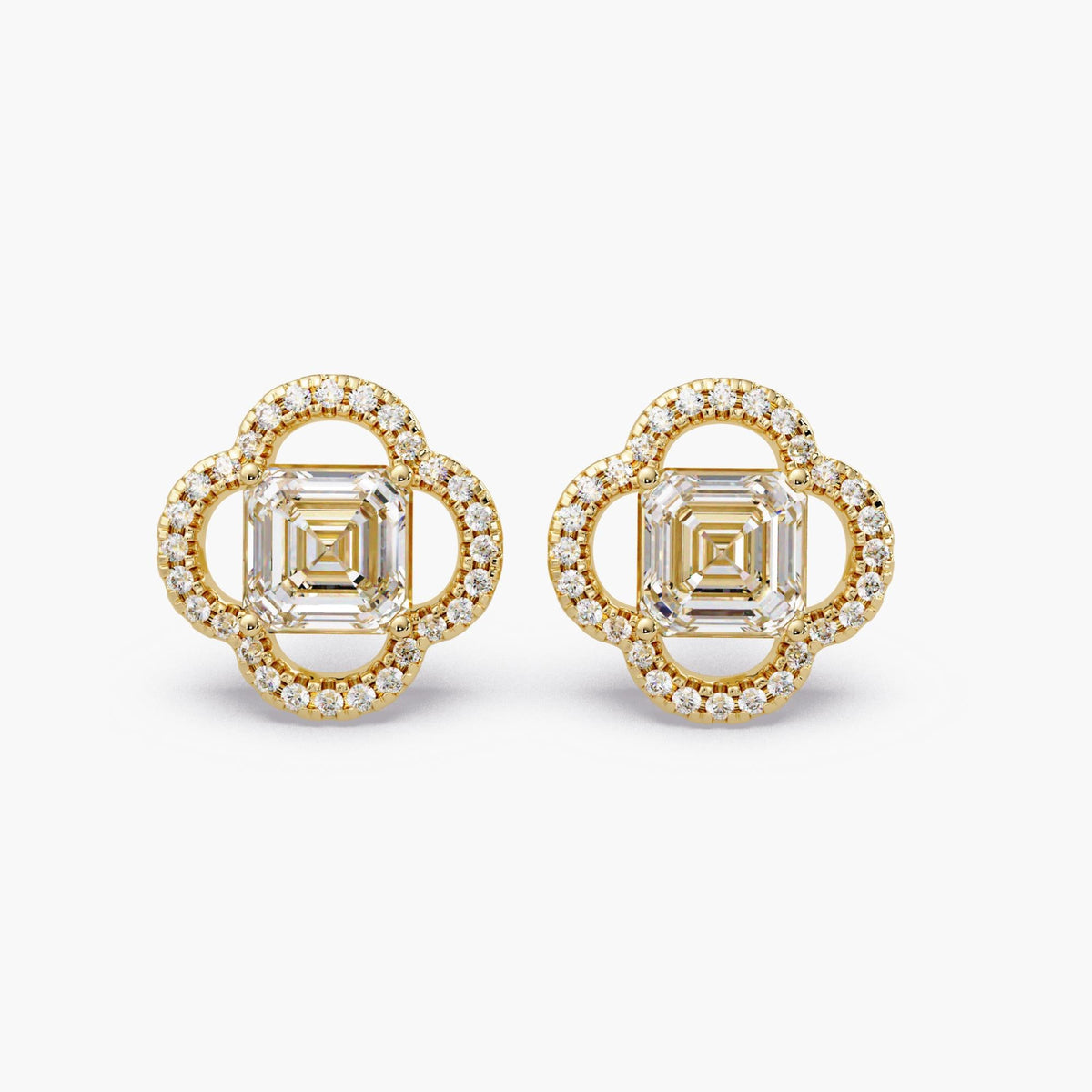 asscher cut diamond clover stud earrings/14k gold floral halo diamond studs/lab grown diamond flower earrings/IGI certified asscher diamond studs