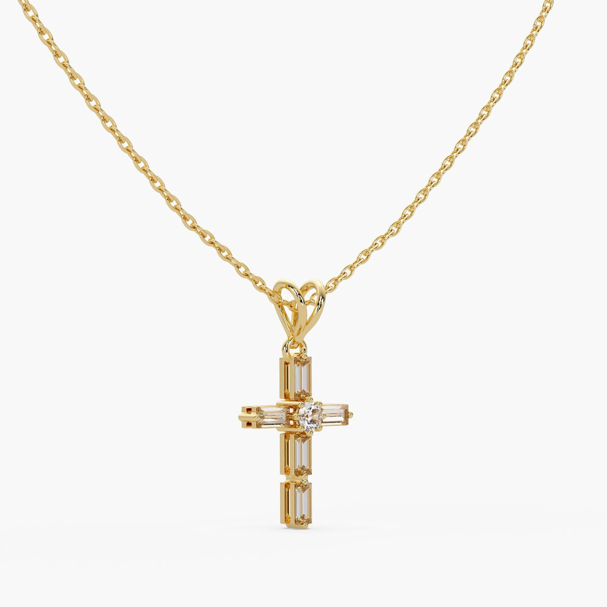 baguette diamond cross necklace close up, single prong diamond cross pendant, minimalist gold cross necklace