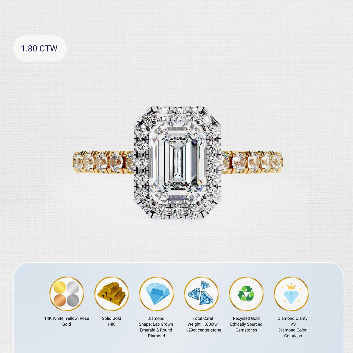 1.80 Ct Diamond Ring, 14K Diamond Ring, Lab Grown Diamond Ring, Emerald Diamond Ring, 14K Solid Gold Diamond Ring Emerald Cut Diamond Ring Bridal Emerald Cut, Everyday rings, Diamond Ring, Everyday Jewelry, Emerald Diamond, Minimalist rings