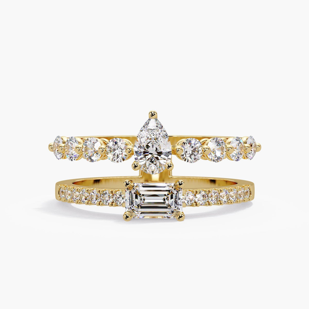 14k gold pear emerald open ring / double row diamond ring / layered stack ring / lab diamond statement ring / 14k gold open ring