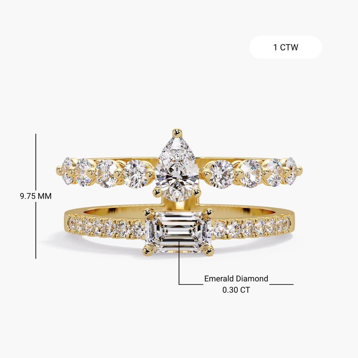 14k yellow gold double band lab diamond ring / layered open ring / pear solitaire ring / emerald cut diamond ring / 14k gold stack ring