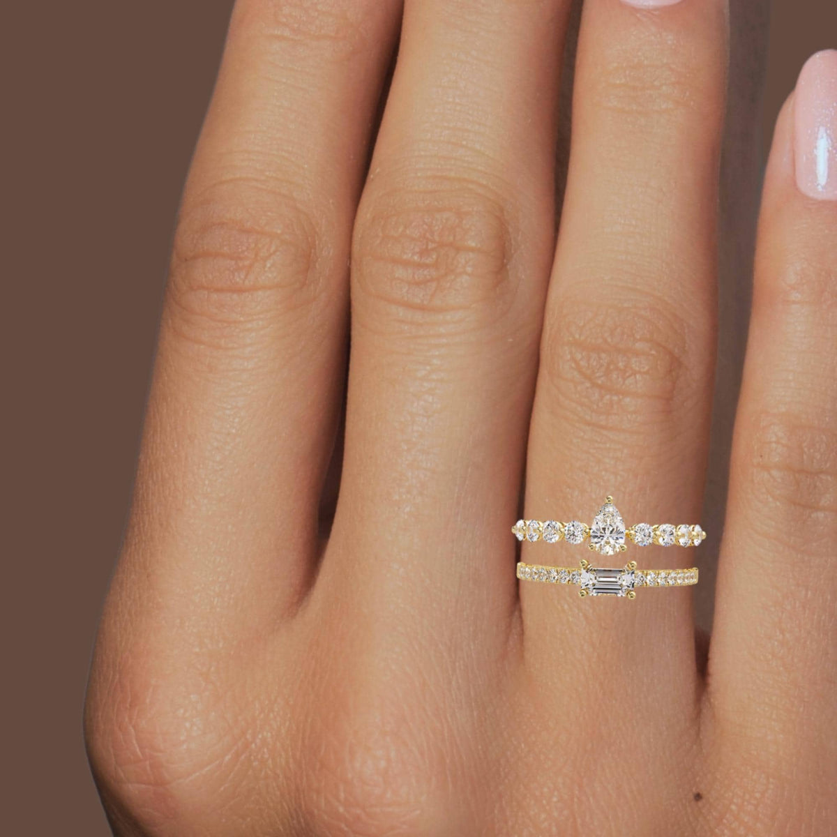 14k gold double band ring / stacked diamond ring / open gap diamond ring / modern lab diamond ring / layered gold ring