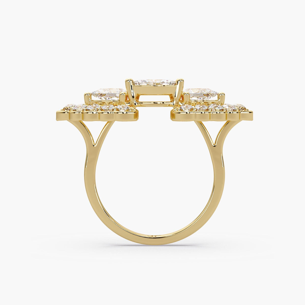 diamond cluster ring structure / pear marquise setting detail / prong set diamond ring / multi shape layout ring
