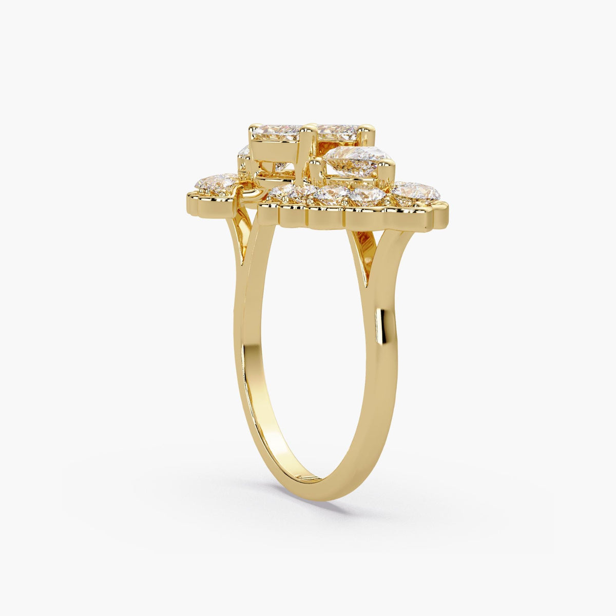 open wrap diamond ring side view / elevated cluster diamond ring / multi stone setting ring / gold statement ring profile