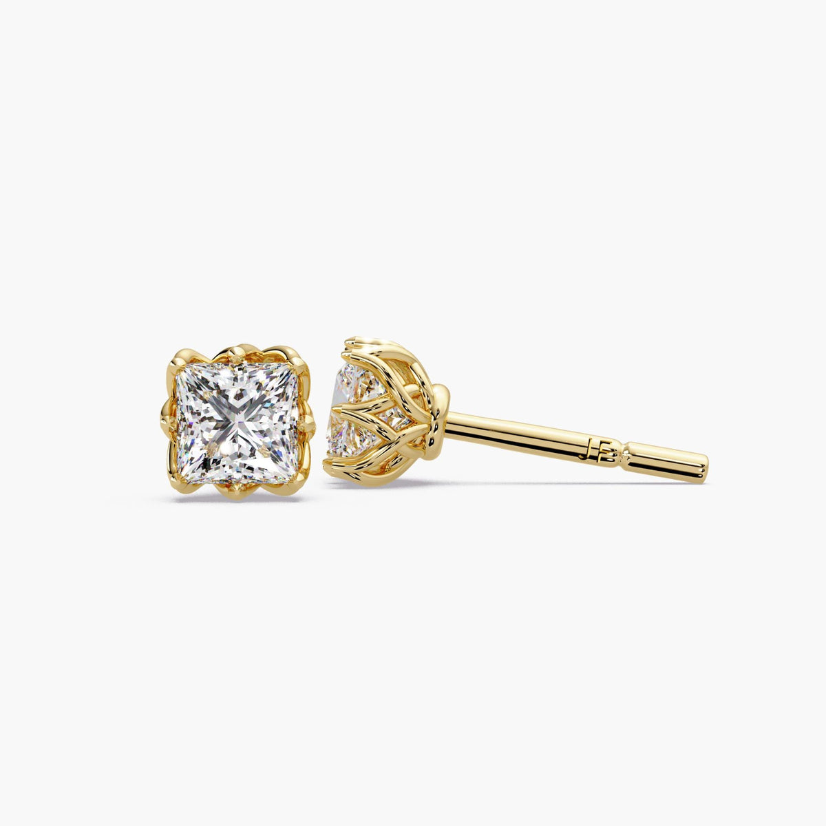 princess cut lab diamond studs side view / 8 prong diamond stud earrings / square diamond studs gold setting / lab grown diamond studs close up