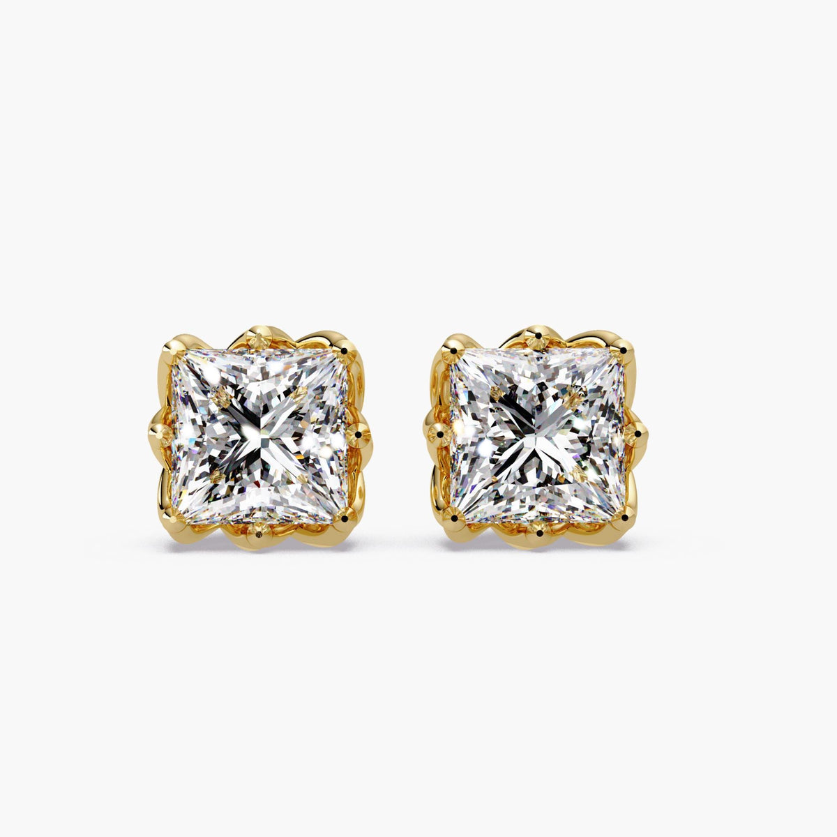 14k yellow gold princess cut diamond stud earrings / lab diamond stud earrings 14k gold / square diamond studs / 4 carat diamond stud earrings / solitaire diamond stud