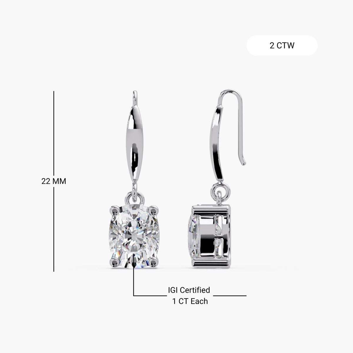 white gold cushion diamond earrings / cushion cut solitaire drops / lab grown diamond earrings / french wire earrings / diamond dangle earrings