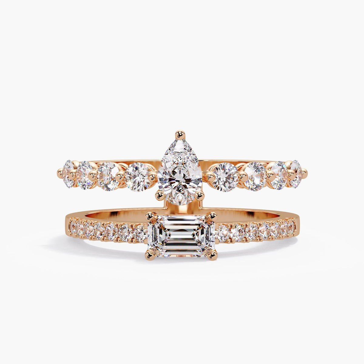 rose gold pear emerald ring / stackable diamond ring / layered bridal ring / open band diamond ring / contemporary ring design
