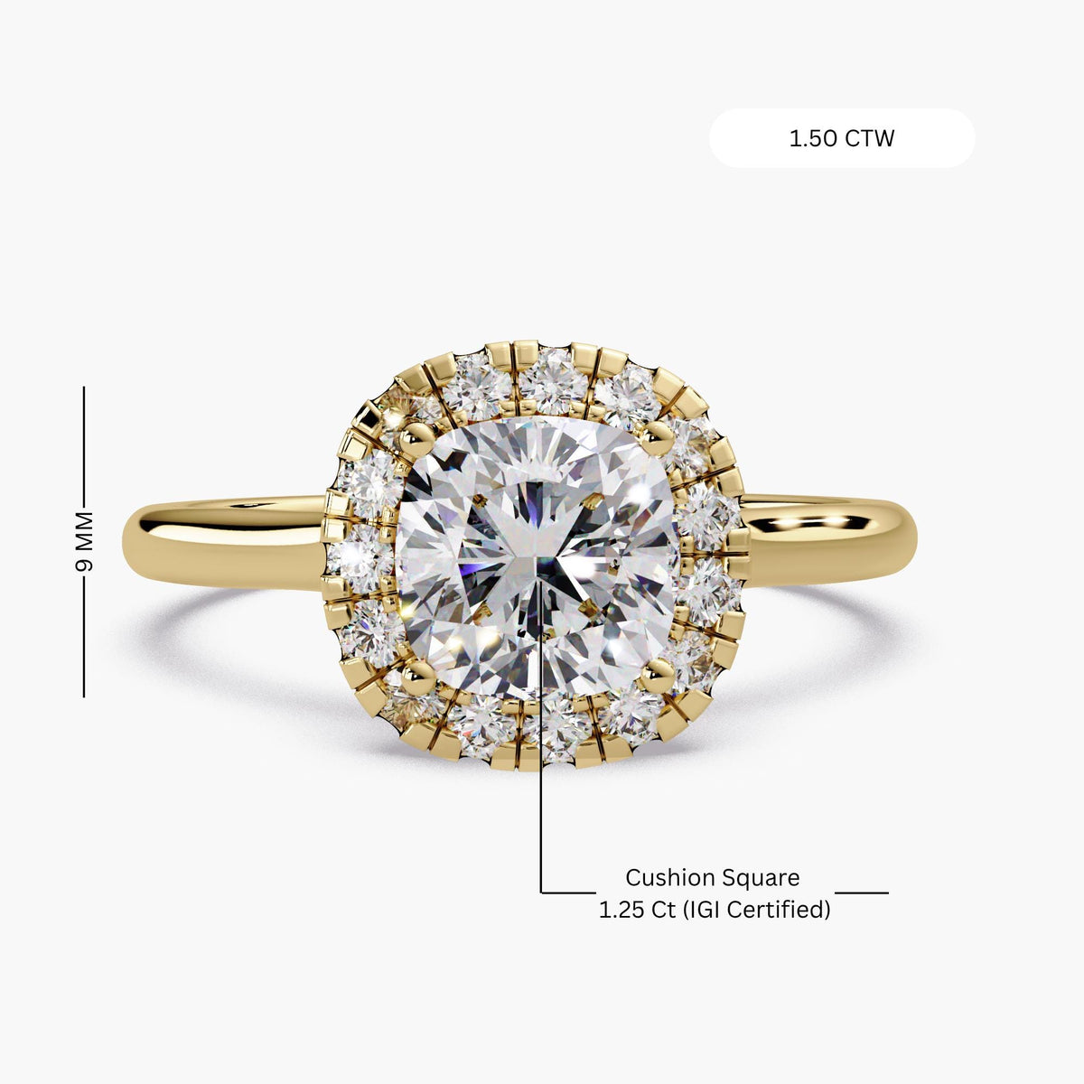 1.5 CTW Cushion Halo Engagement Ring, 14K Gold Cushion Cut Lab Diamond Ring, IGI Certified