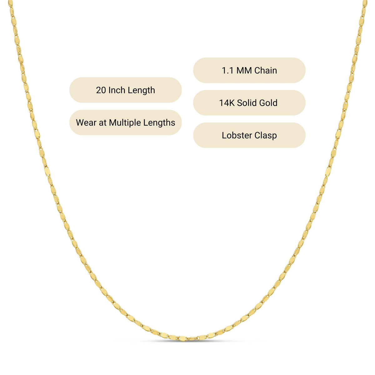 14k Gold Mirror Chain Link Necklace, Adjustable Chain