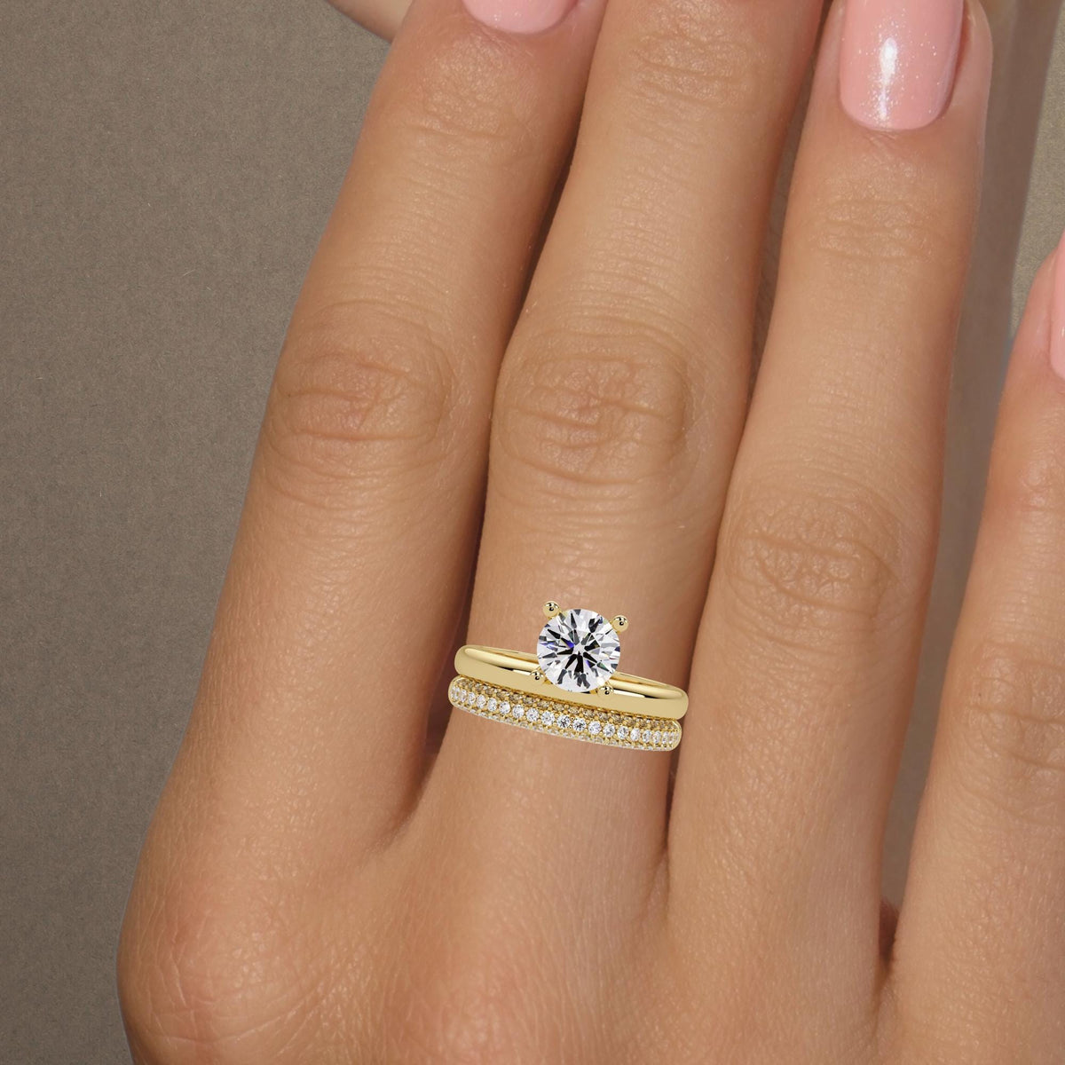 Round lab grown diamond engagement ring with pavé wedding band