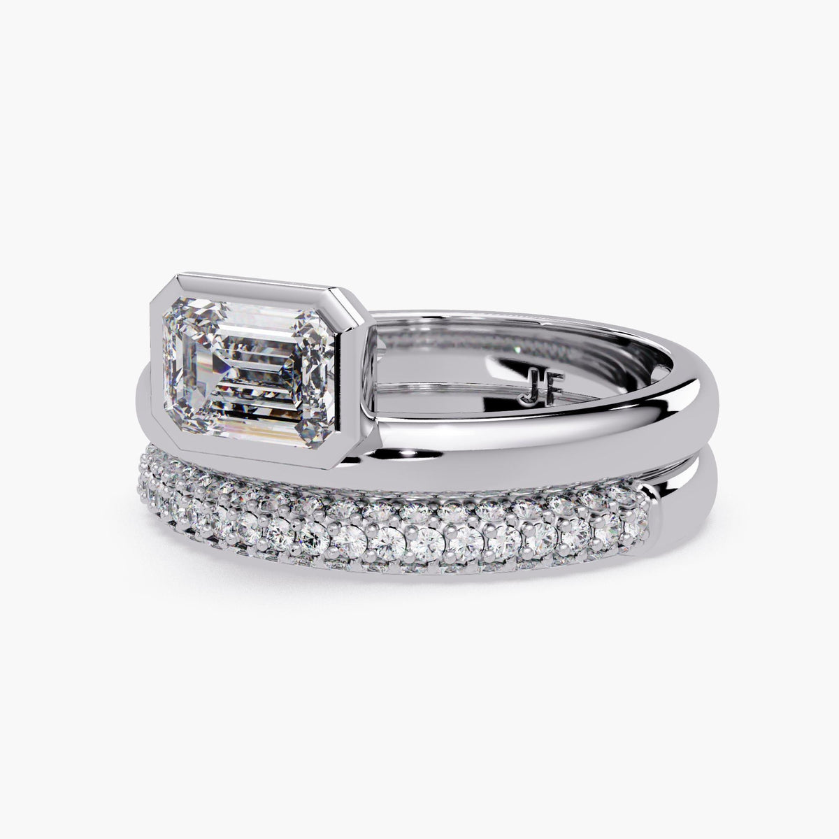 14k white gold emerald cut bezel ring / lab grown diamond bridal set / double band engagement ring / stackable wedding ring set