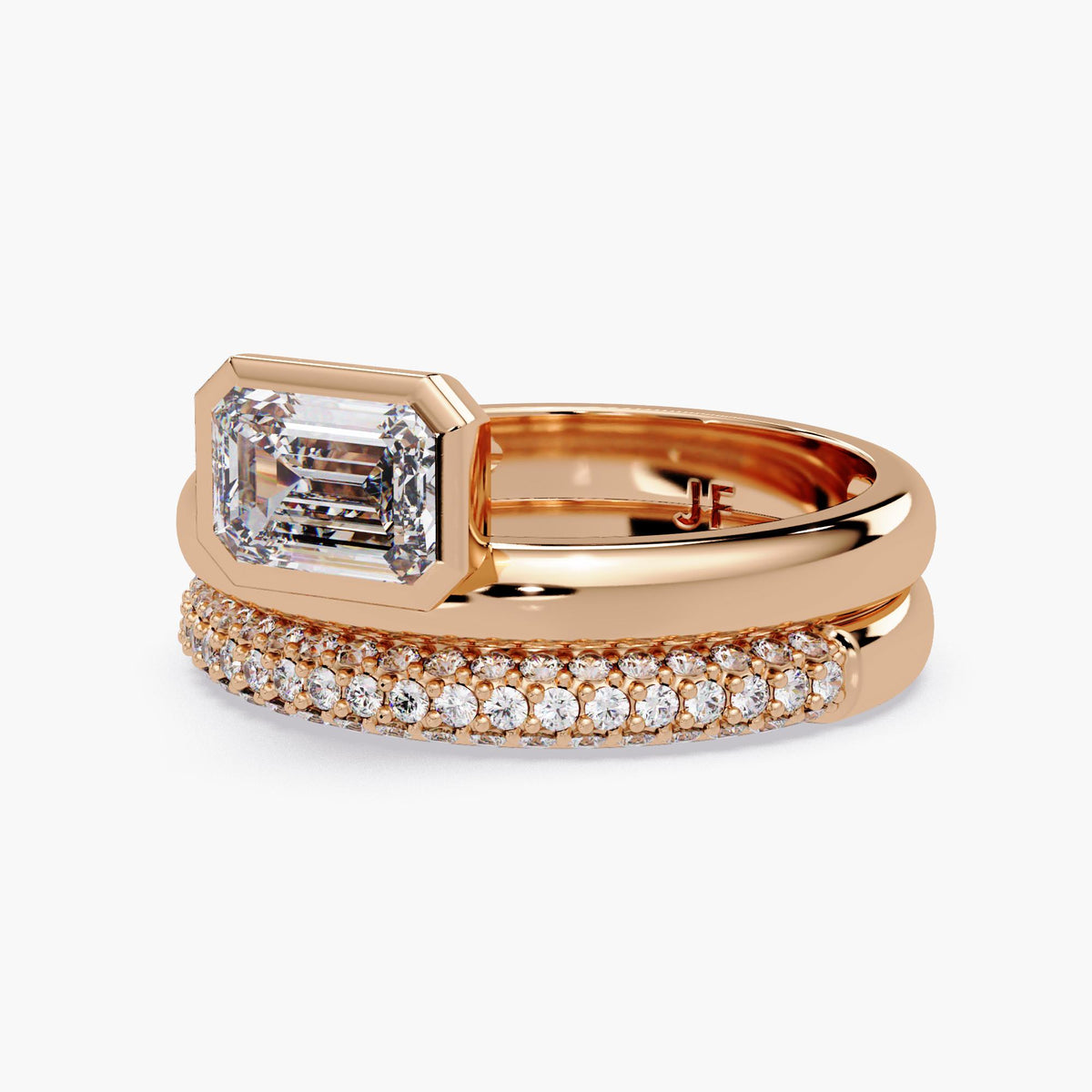 1CT Emerald Cut Bezel Ring, Offset Lab Diamond Ring, Double Band Engagement Ring Set