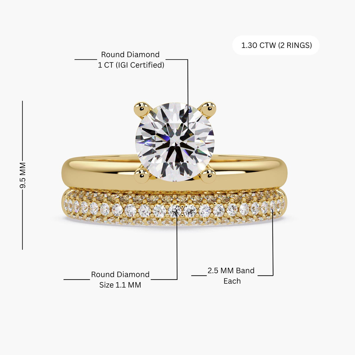 1CT round lab grown diamond engagement ring set with matching wedding band