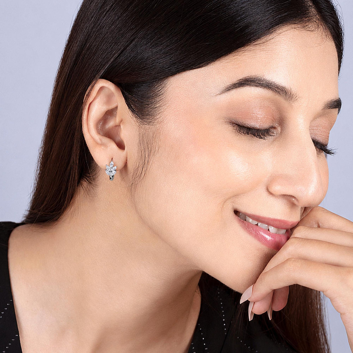 14K Gold Marquise Diamond Huggie Earrings, Floral Cluster Lab Diamond Hoops