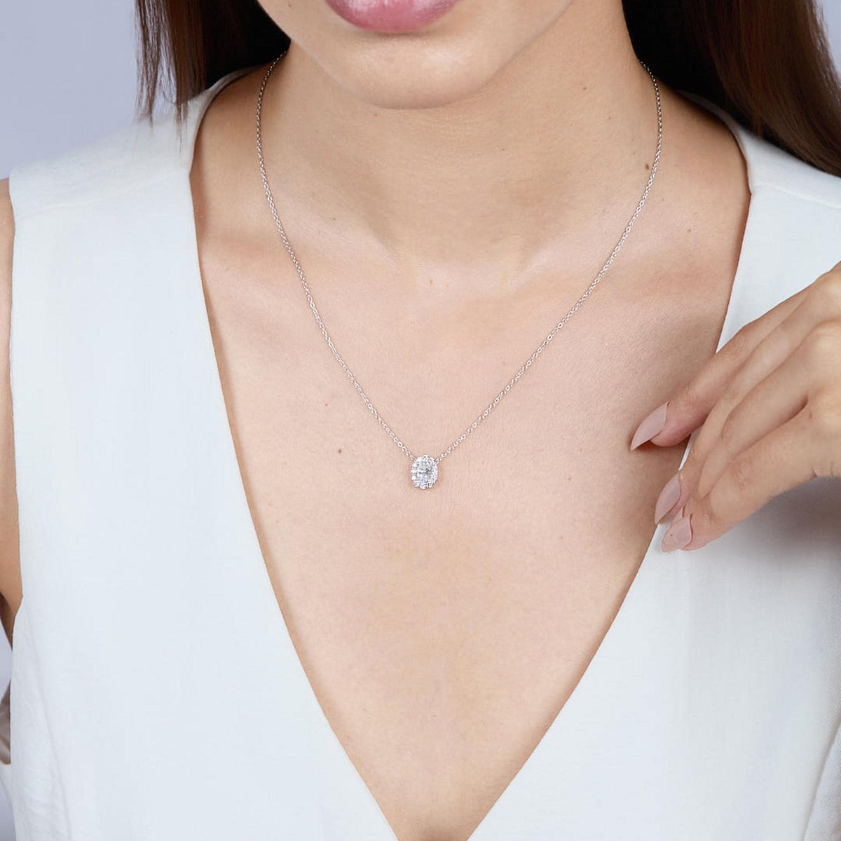 Oval Halo Diamond Pendant Necklace in 14K Gold, Lab Grown Oval Cut Diamond Necklace, Dainty Halo Pendant Gift for Her