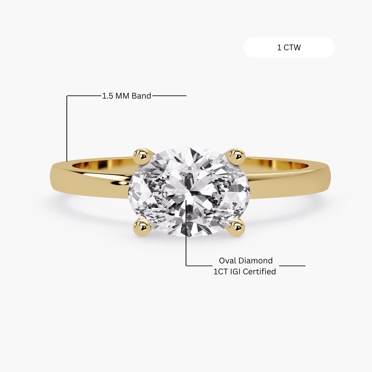 1 CT oval lab grown diamond engagement ring in 14K white gold with IGI certified oval solitaire
IGI certified 1 CT oval lab grown diamond with dimensions in a classic four prong solitaire engagement ring