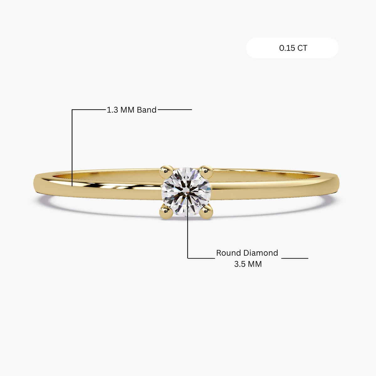 0.15 CT round natural diamond solitaire ring in 14K yellow gold with classic four-prong setting