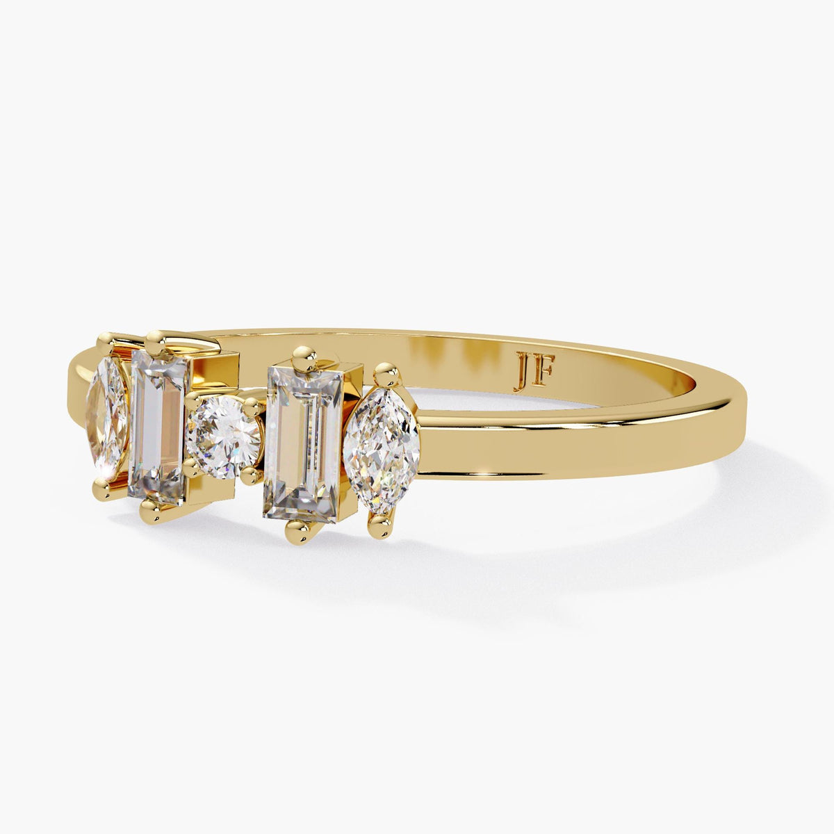 Five Stone Diamond Band with baguette and marquise lab grown diamonds on a 14K gold band with prong setting