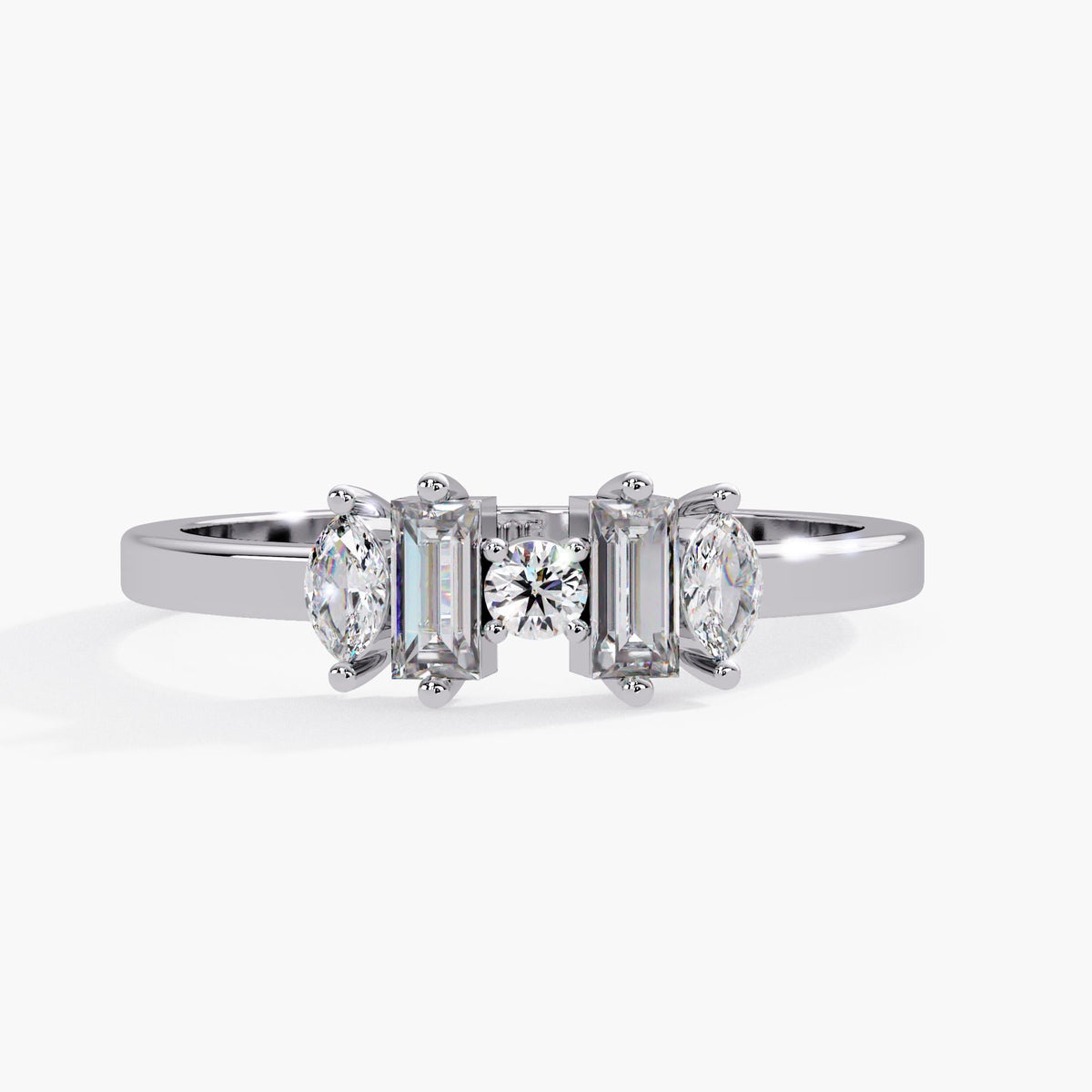14K Solid Gold Five Stone Lab Diamond Ring with baguette, marquise, and round diamonds shown with ring dimensions