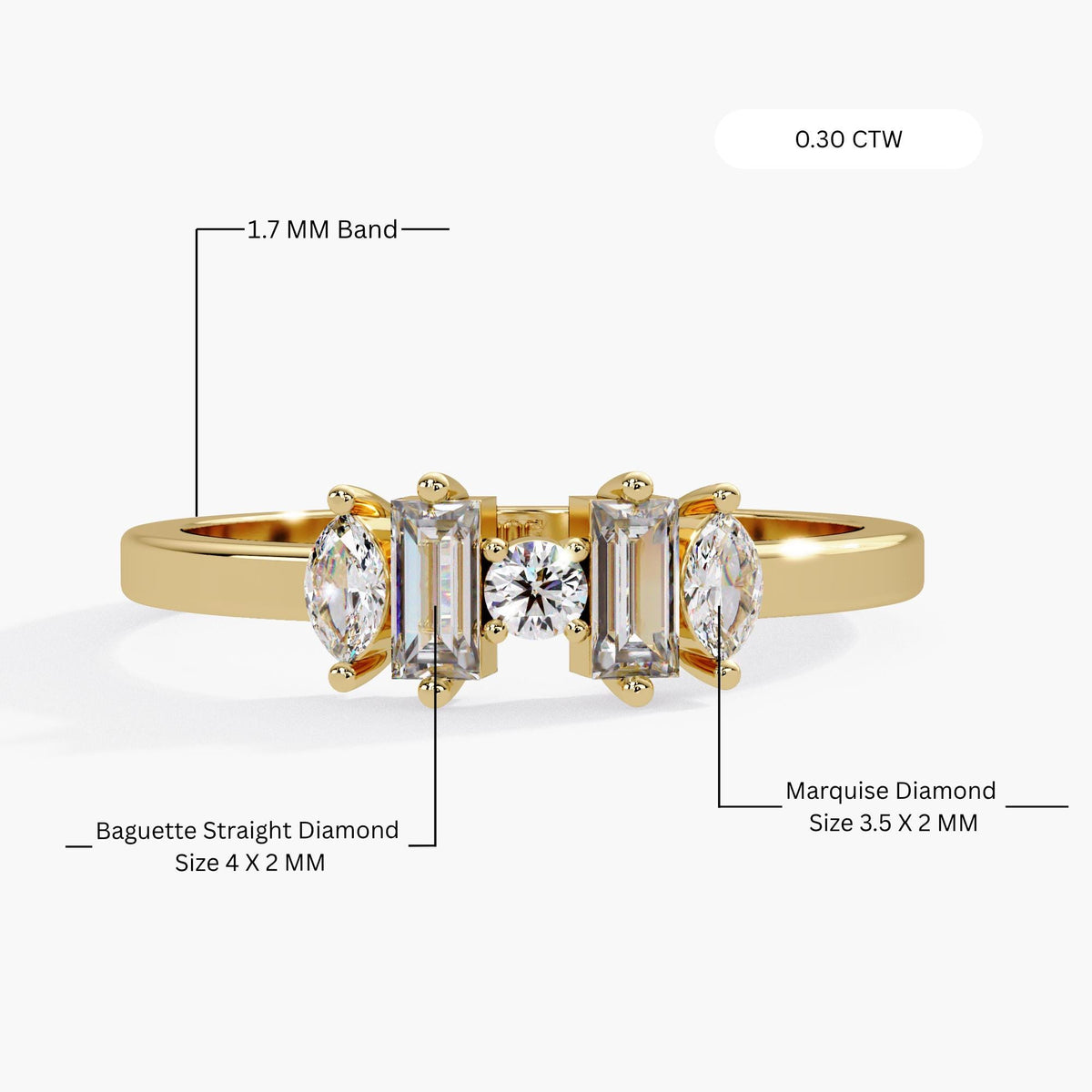 14K Gold Mixed Cut Diamond Ring with baguette, marquise, and round lab grown diamonds in a five stone prong setting