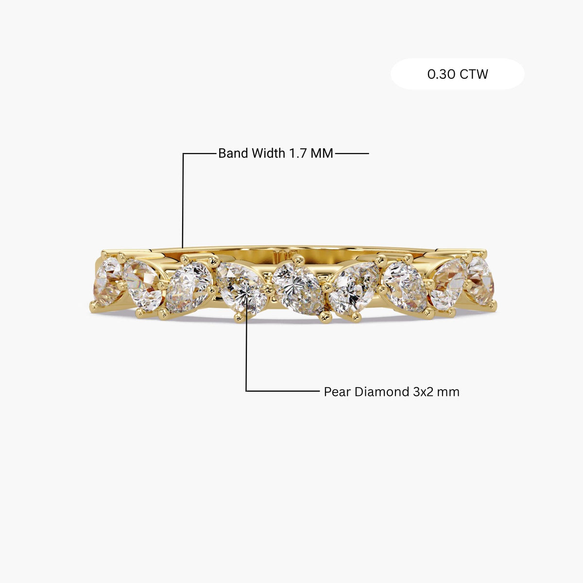 14K white gold half eternity pear diamond ring shown on a finger, highlighting the sparkle and profile