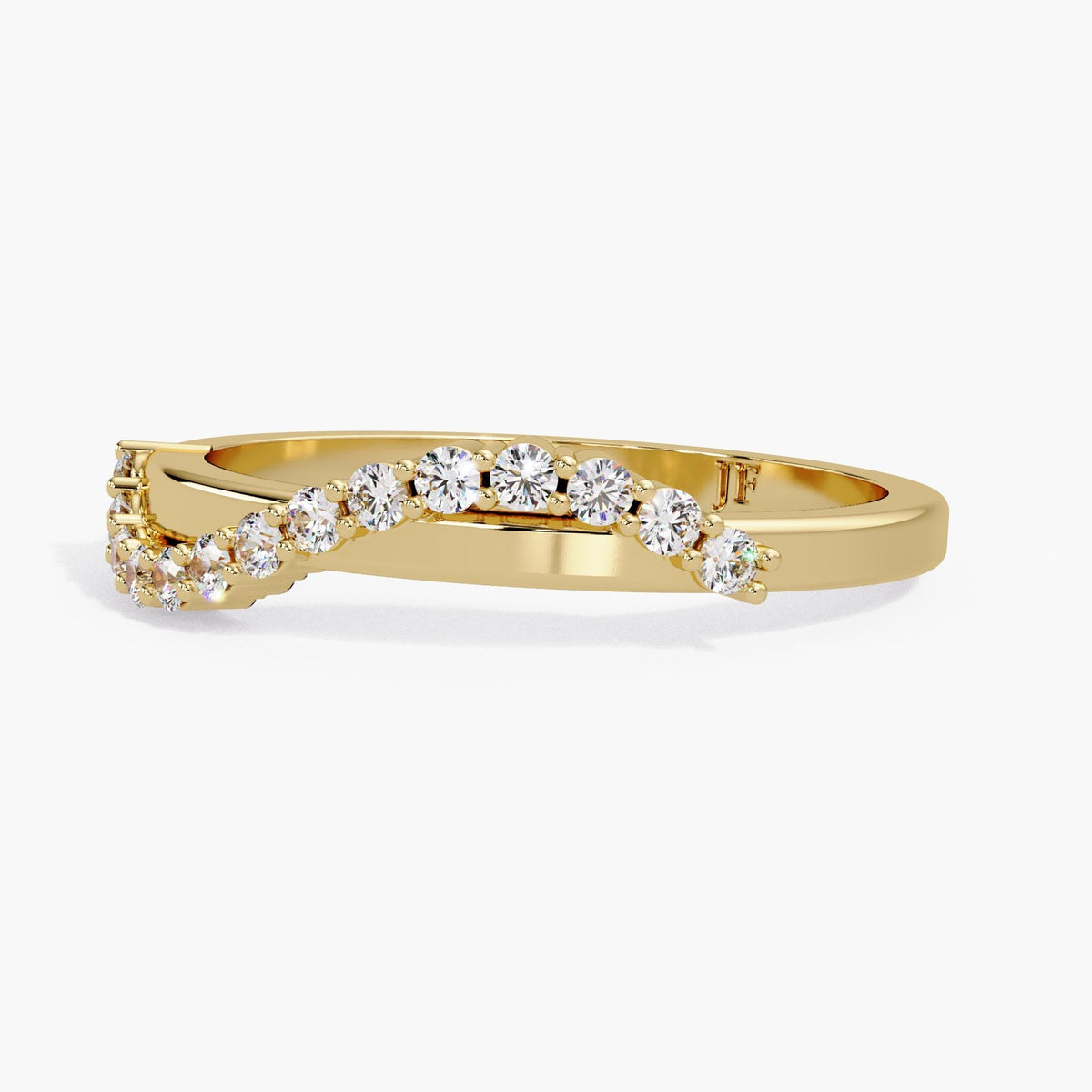 14K Solid Gold Curved Pavé Wedding Band showing the contoured band and diamond setting