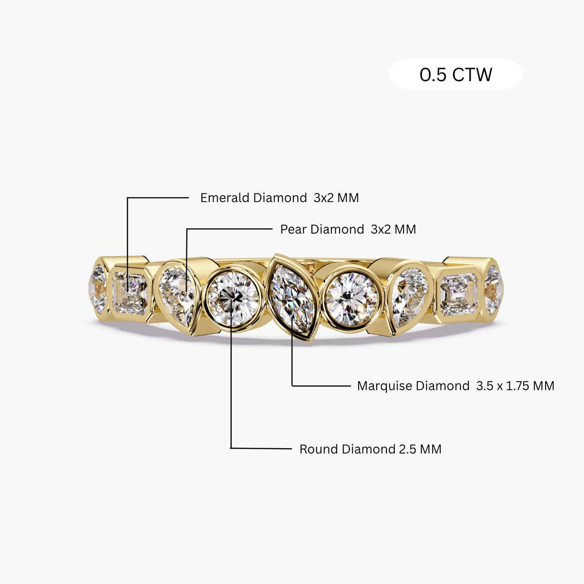 0.50 CTW Mixed Shape Diamond Ring / Bezel Set Diamond Ring / Round Pear Emerald Marquise Diamond Ring / 1.7 MM Band