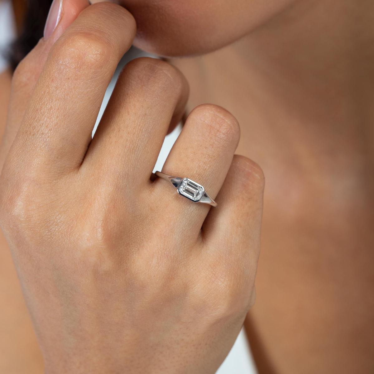 Emerald Cut Lab Grown Diamond Signet Ring, 14K Gold Bezel Set Dainty Engagement Ring