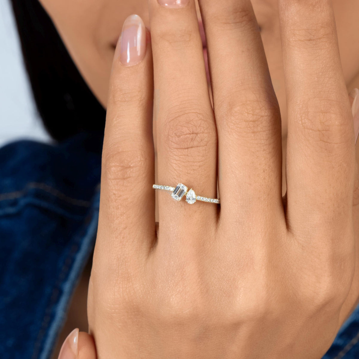 Toi et Moi Lab Diamond Ring: Pear & Emerald, 14K Gold Pave Band