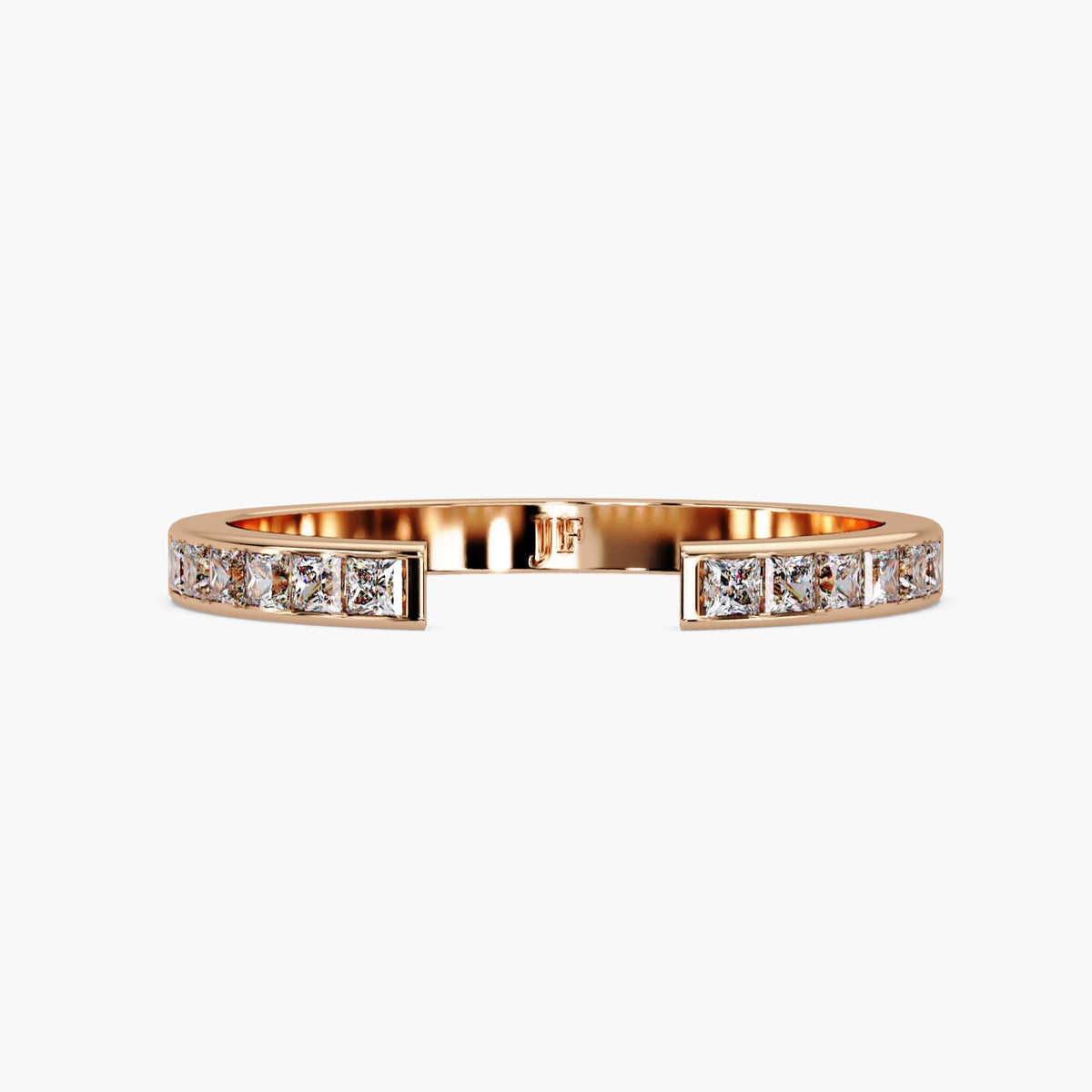 14K rose gold open-gap band with princess-cut lab-grown diamonds.