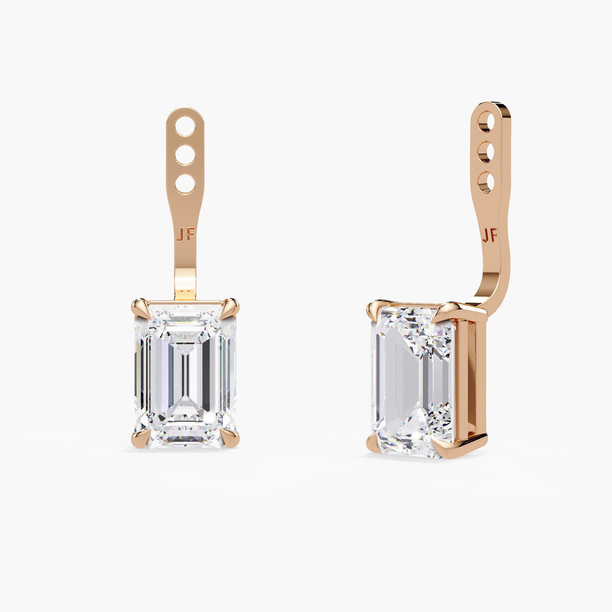 Pair of rose gold emerald-cut lab-grown diamond earring jackets with claw-set stones.