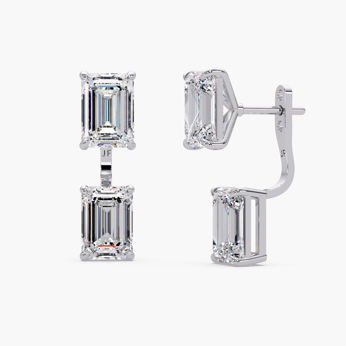 White gold diamond earring jackets paired with emerald-cut stud earrings to show how the pieces align.