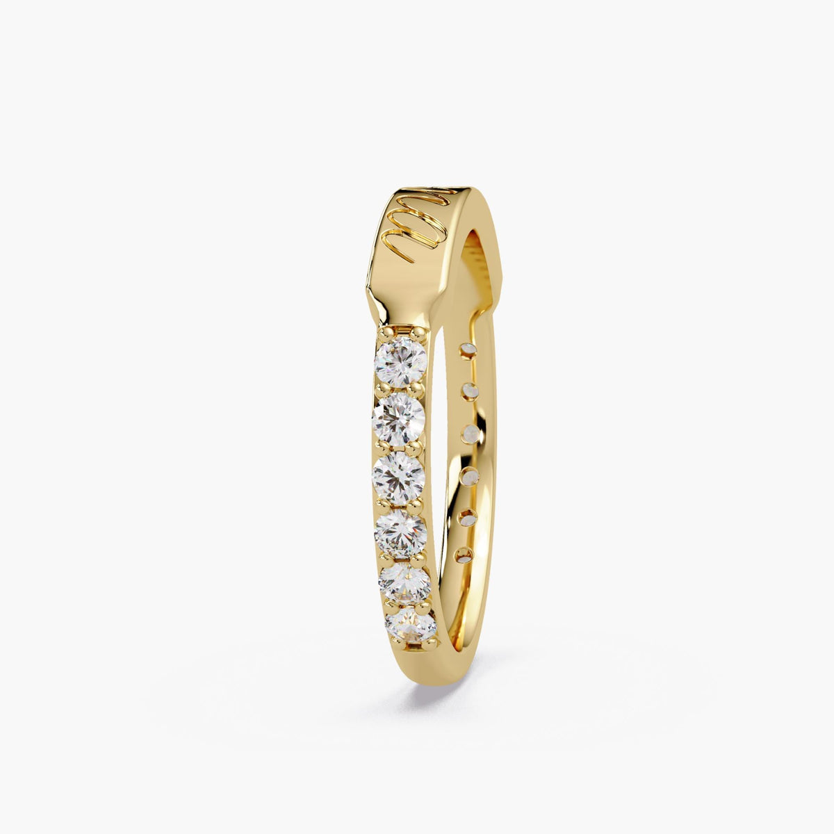 14k yellow gold mama band ring with round lab-grown diamonds along the sides, combining personalized engraving with stackable fine jewelry styling.