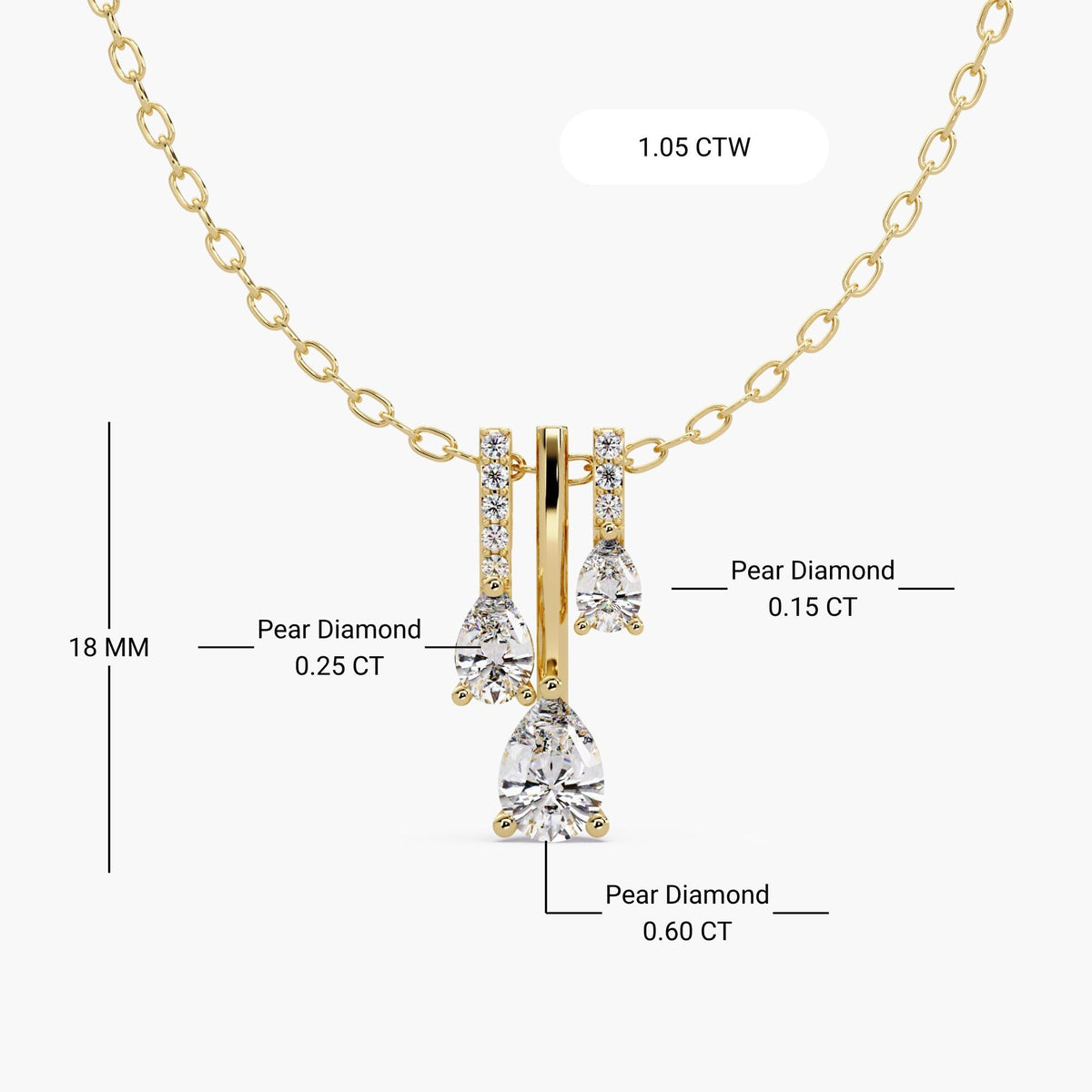 14K yellow gold triple pear lab-grown diamond drop necklace with three graduated pear diamonds and round pavé accents.