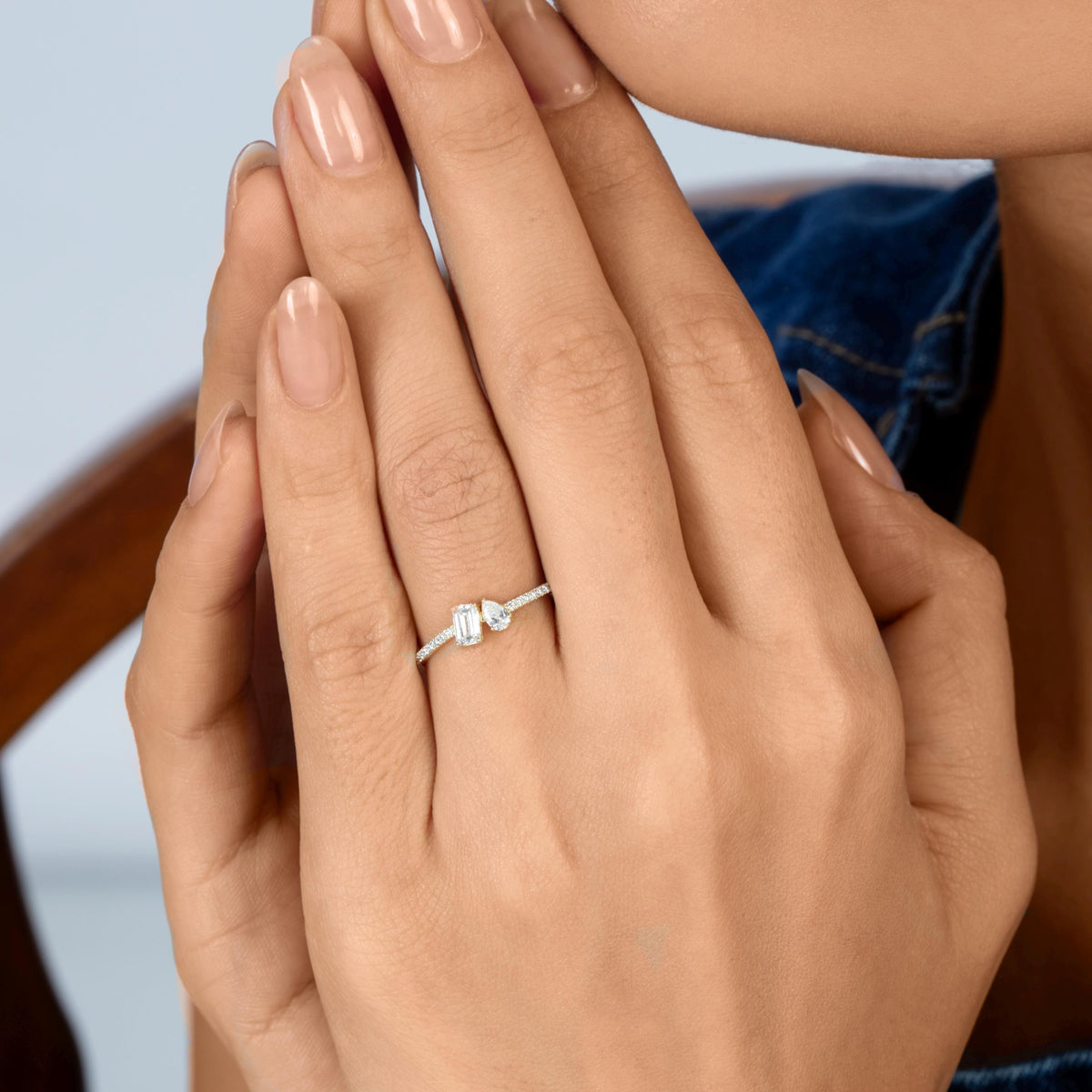 Pear & Emerald Lab Diamond Toi Moi Bypass Ring, Wavy Pave Diamond Band