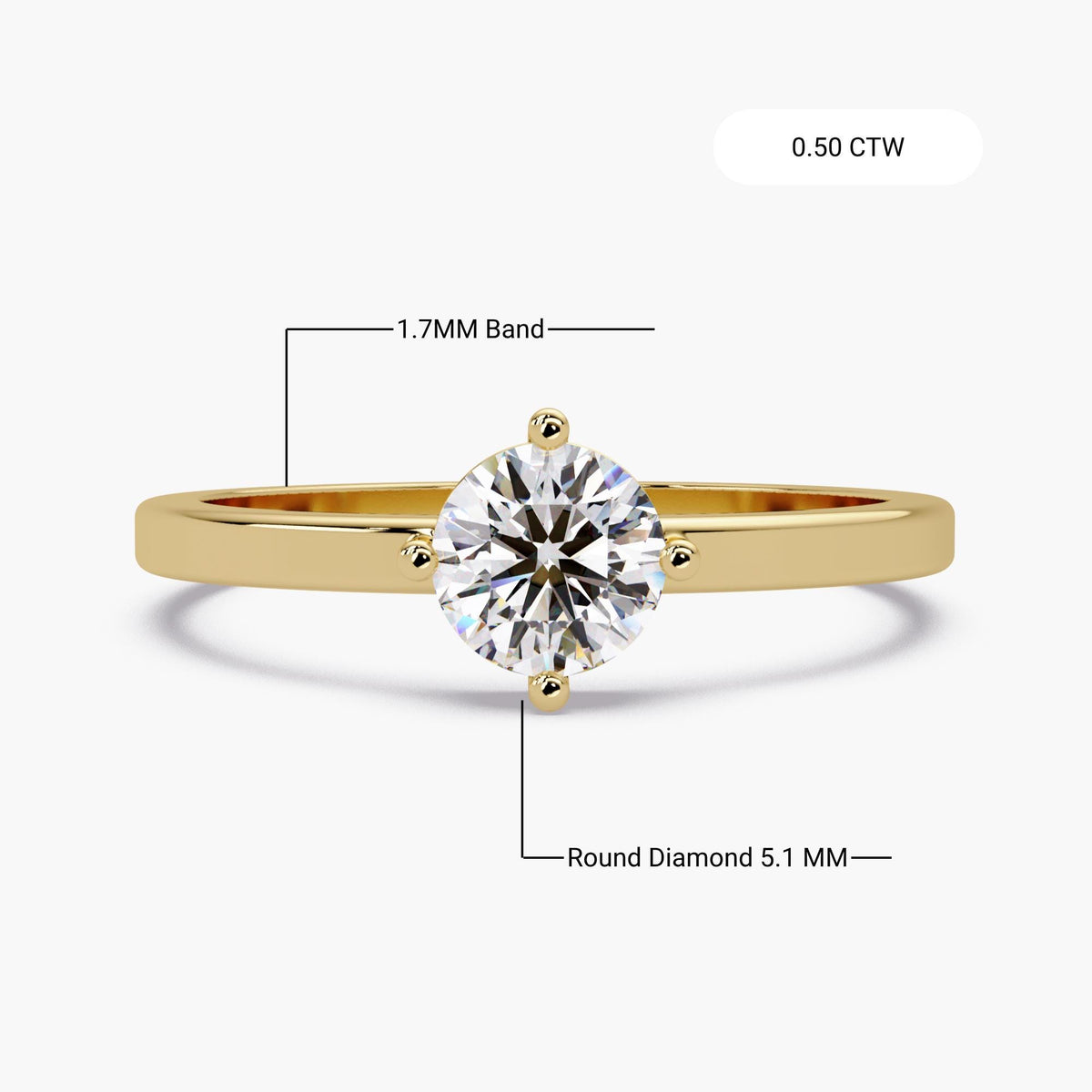 14K yellow-gold diamond solitaire / round compass-setting engagement ring / thin-band lab-grown diamond ring / classic four-prong proposal ring