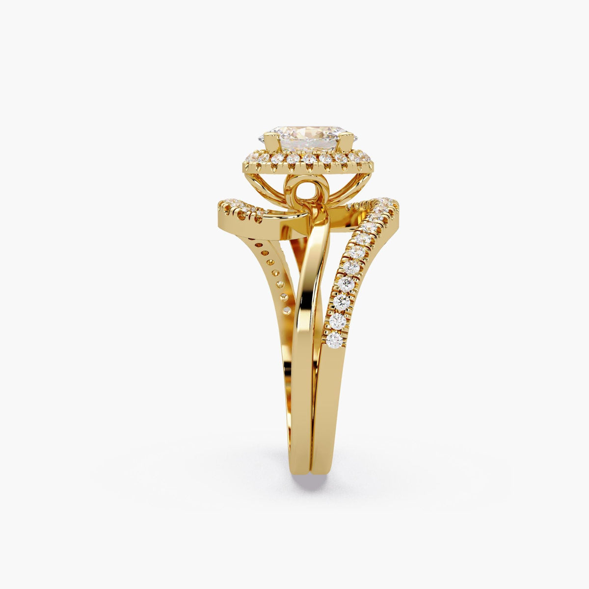 14K yellow gold bypass ring with split pavé shoulders rising toward the oval diamond halo setting