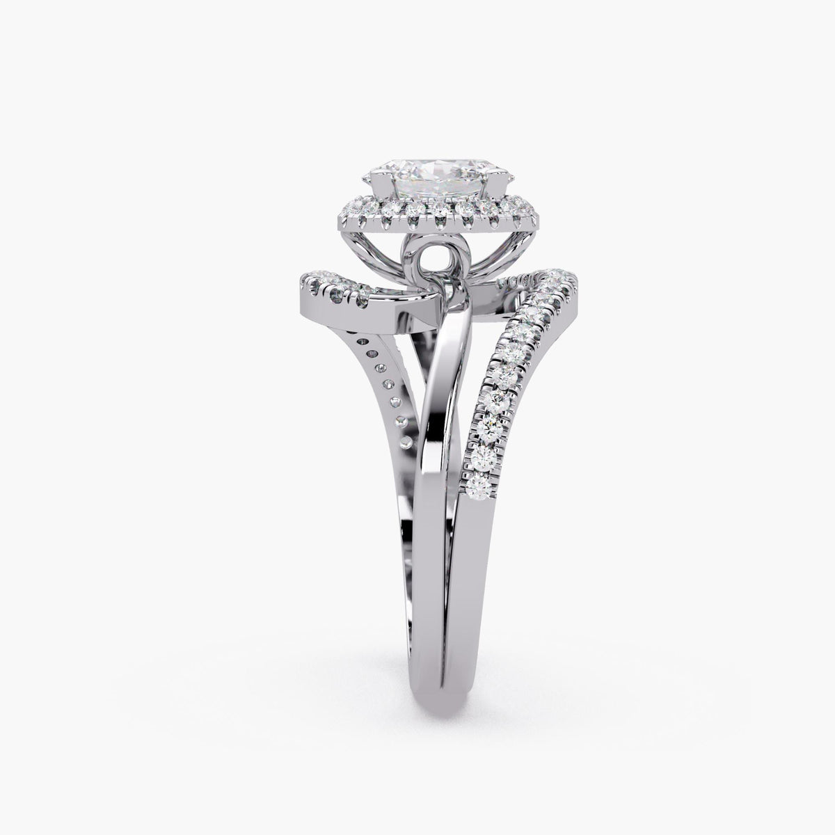 14K white gold bypass ring with split diamond-set shoulders, open gallery and raised oval halo setting