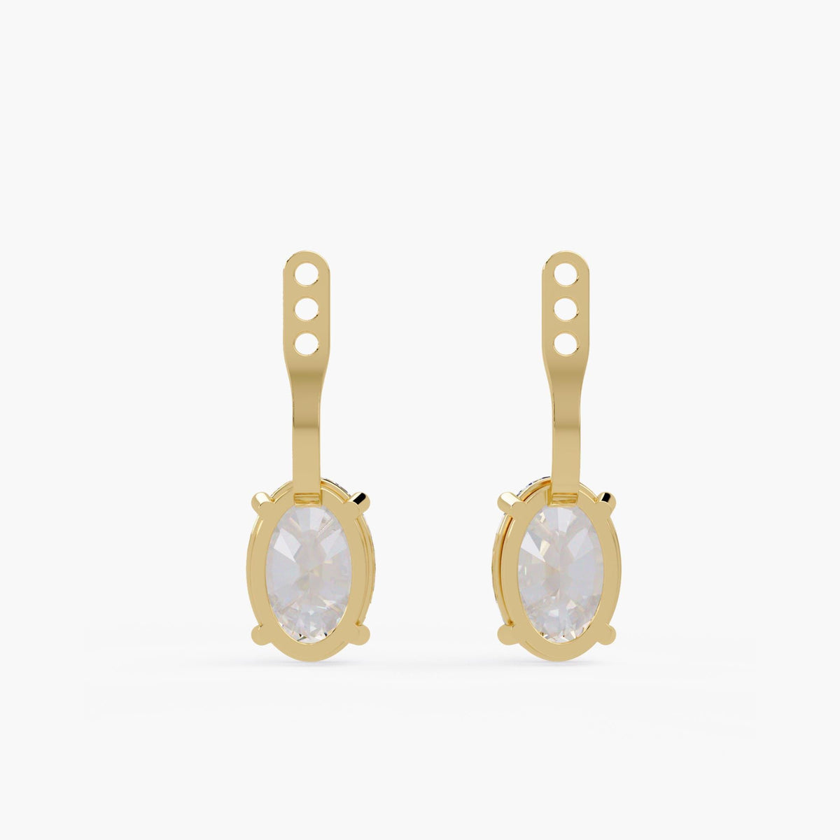 14K yellow gold lab-grown diamond earring jackets with open-back oval claw settings and three adjustable placement holes for securing behind stud earrings.