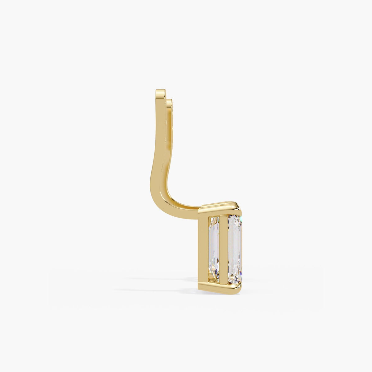 Single yellow gold emerald-cut diamond earring jacket showing the curved bar and claw setting.