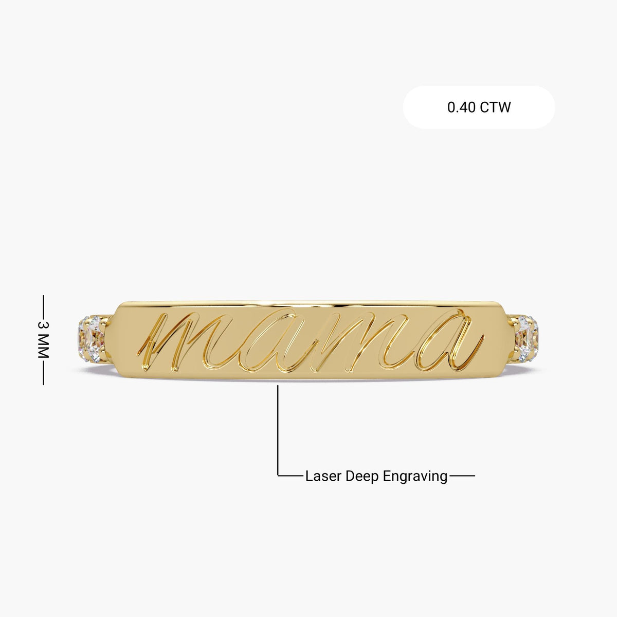 Solid gold mama diamond ring with a 3 mm engraved nameplate, laser-deep script lettering and 0.40 CTW lab-grown diamond accents in 14k yellow gold.