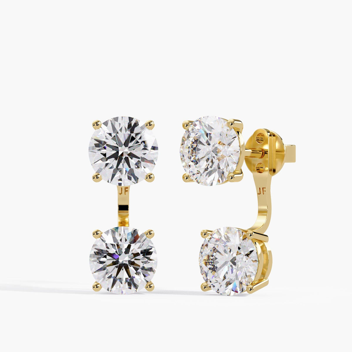 Round lab-grown diamond stud earrings with matching removable diamond earring jackets in 14K yellow gold, available separately.