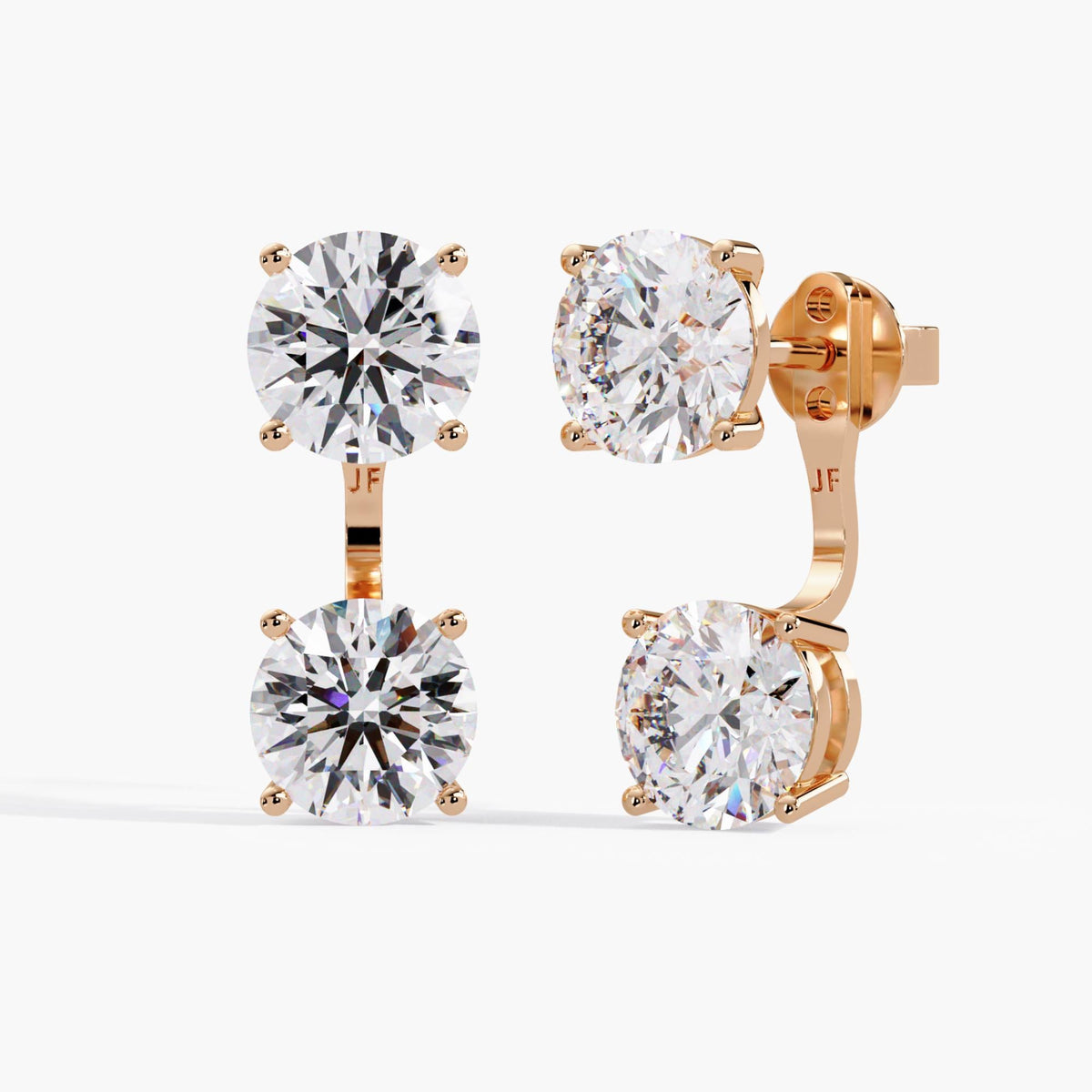 Transform your favorite stud earrings into diamond drop earrings with these adjustable 14K rose gold earring jackets, each featuring a round lab-grown diamond.