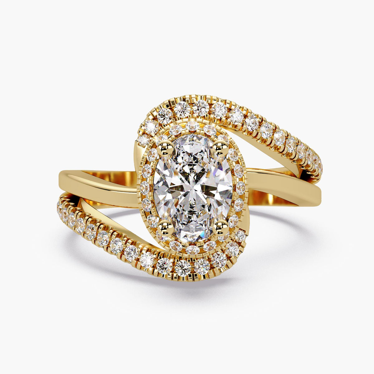 14K yellow gold oval lab-grown diamond engagement ring with 1 CT IGI-certified center, pavé halo and bypass band