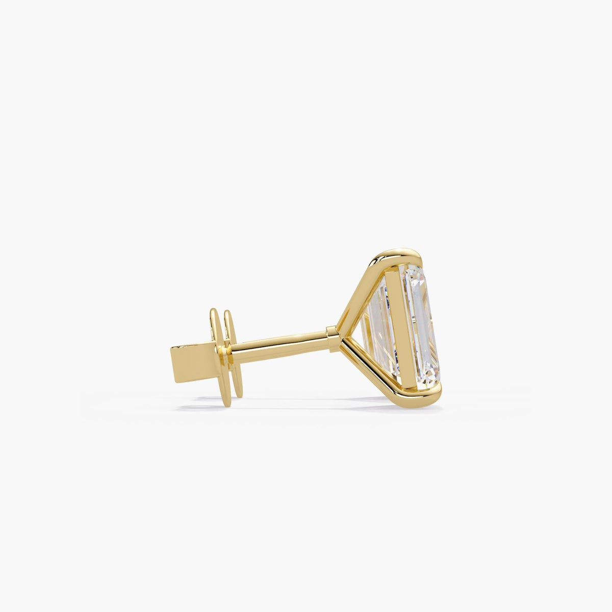 14k yellow gold emerald cut lab grown diamond stud earring with an open four claw setting, straight post and pushback closure, classic solitaire jewelry for women
