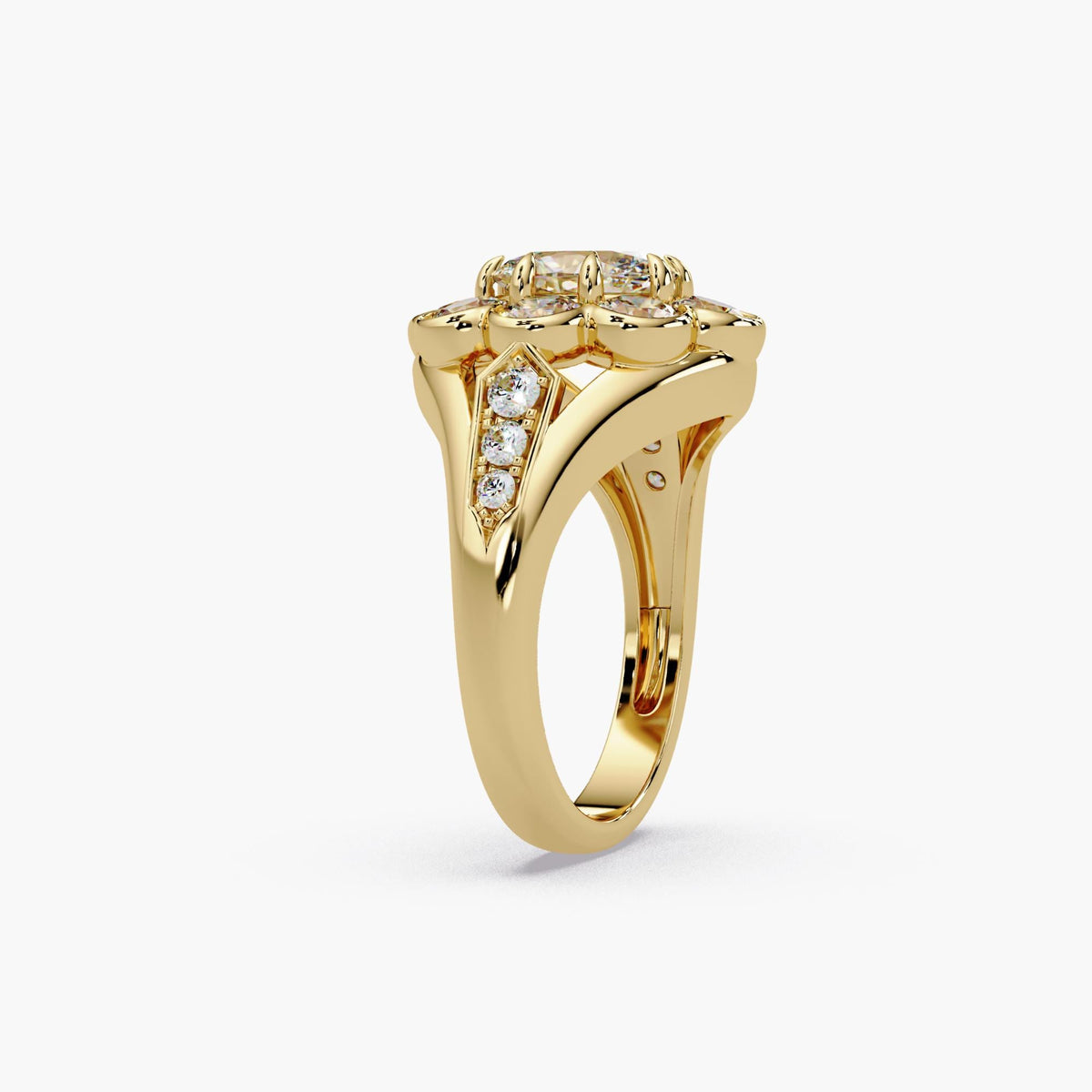 Yellow gold floral diamond ring / Raised prong setting and bezel halo / Open split shoulders with three round diamond accents and a polished band